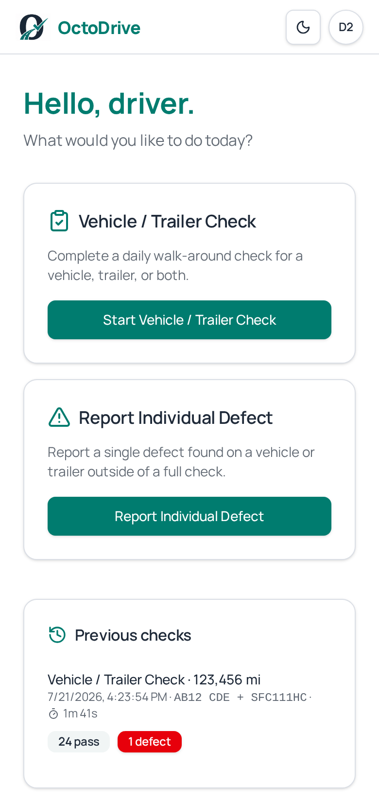 OctoDrive Driver home screen with vehicle check and previous checks