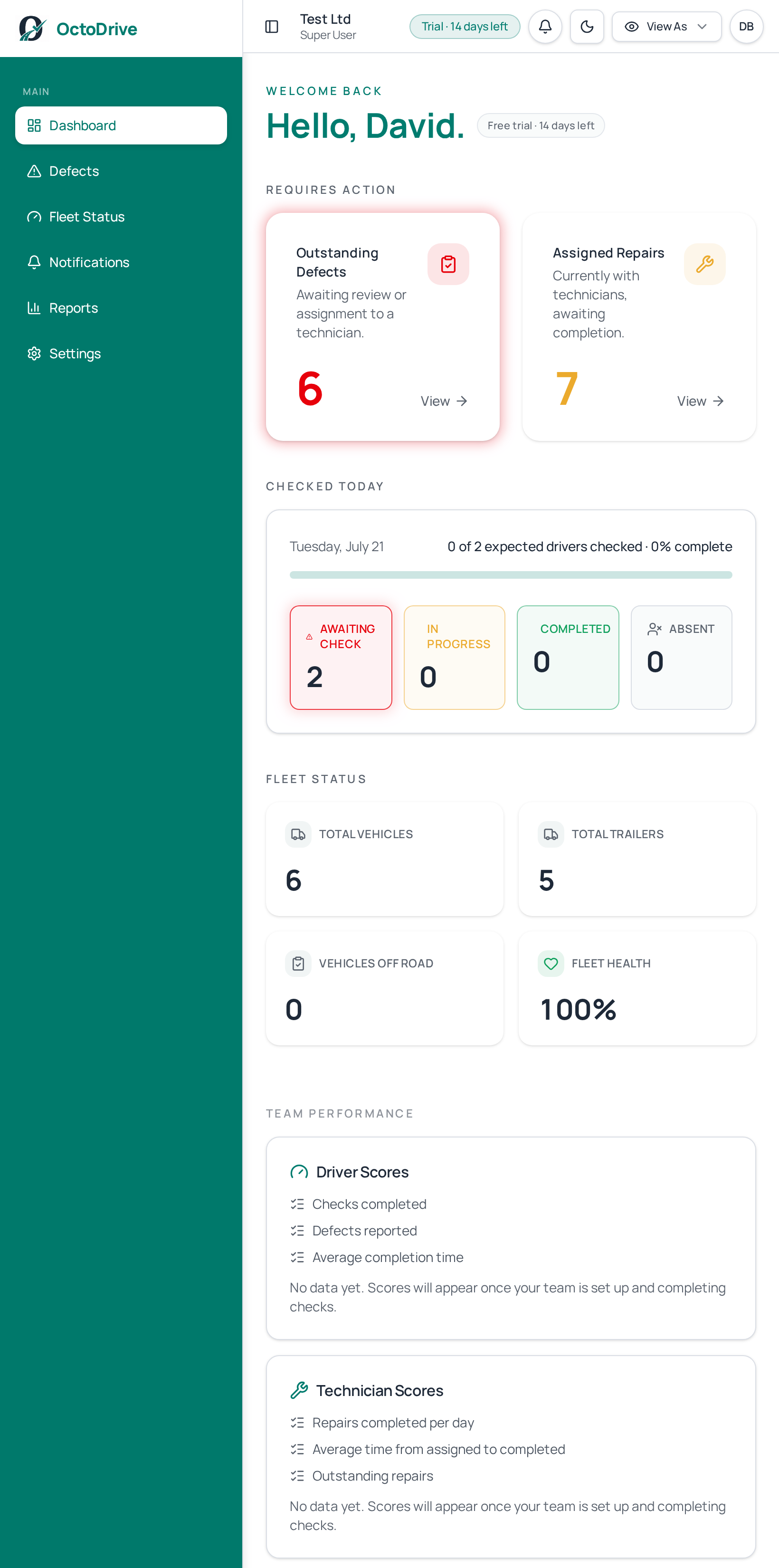 OctoDrive Manager Dashboard showing outstanding defects, assigned repairs and fleet status
