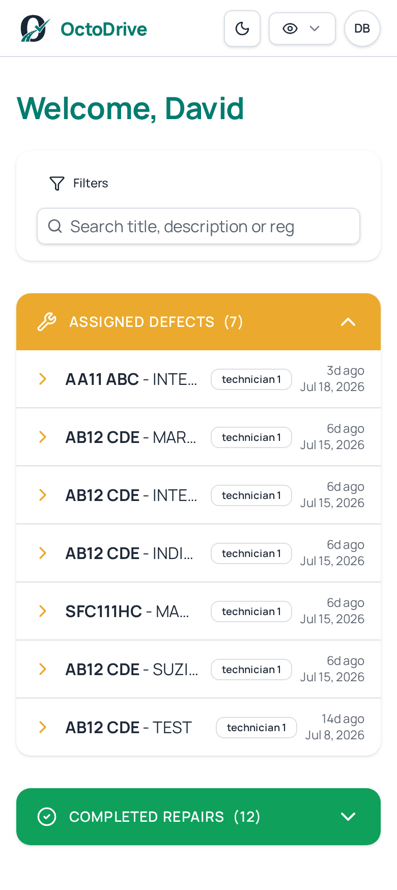 OctoDrive Technician queue with assigned defects and completed repairs
